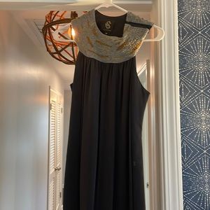 Navy blue dress with gold and silver collar